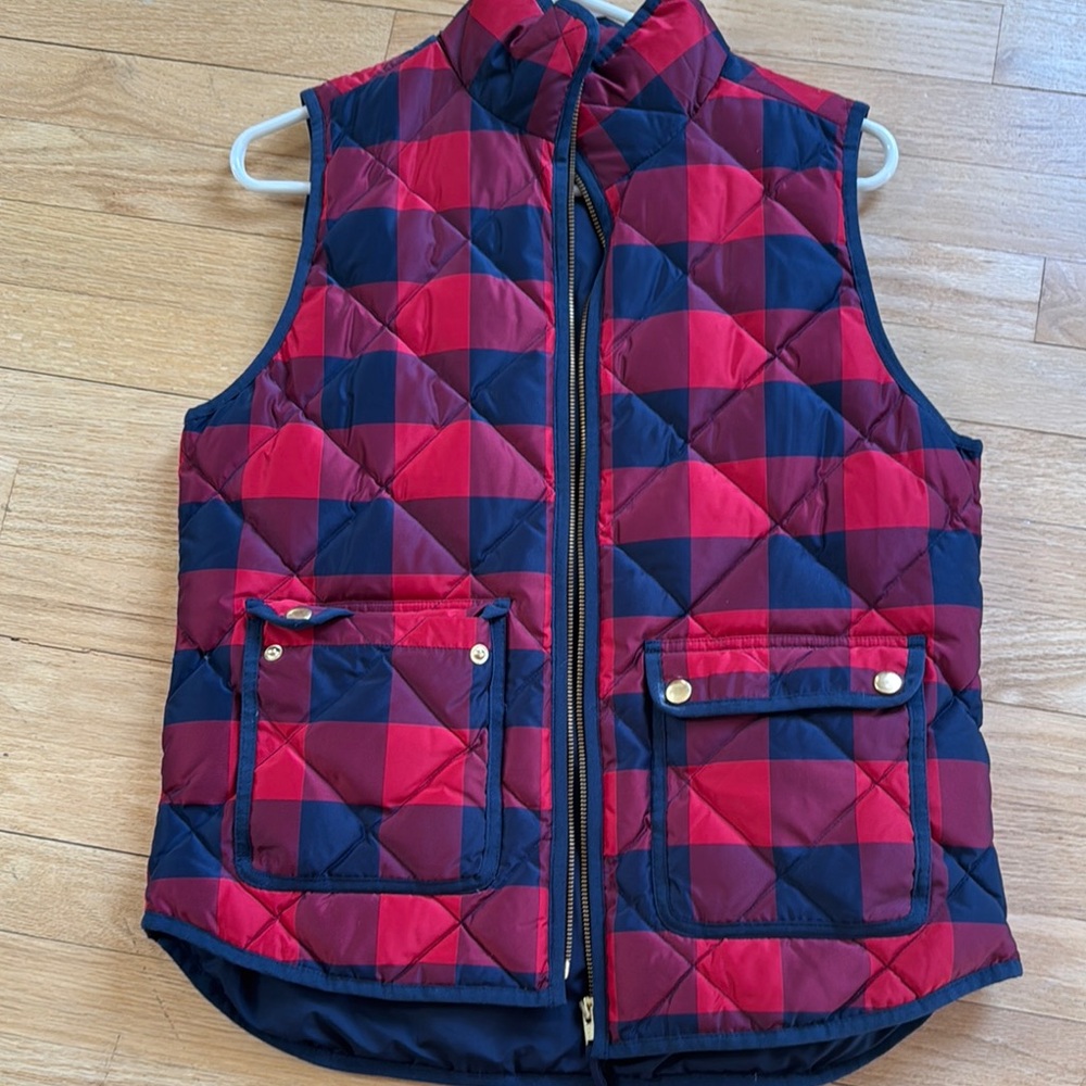 J. Crew Red and Black Checkered Quilted Vest